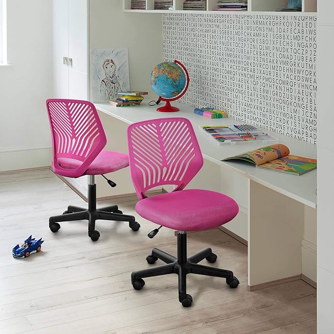 Yaheetech Students Cute Desk Chair Low-Back Armless Study Chair w/Lumbar Support Adjustable Swivel Chair in Home Bedroom School, Rose Red