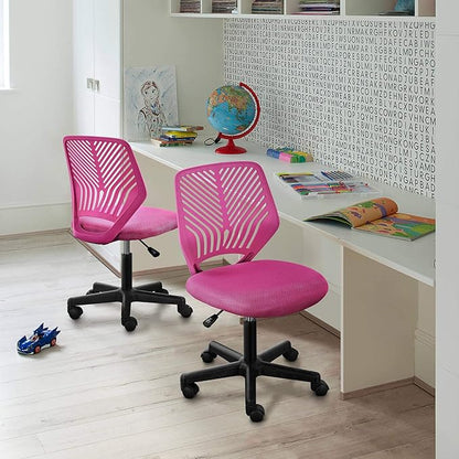 Yaheetech Students Cute Desk Chair Low-Back Armless Study Chair w/Lumbar Support Adjustable Swivel Chair in Home Bedroom School, Rose Red