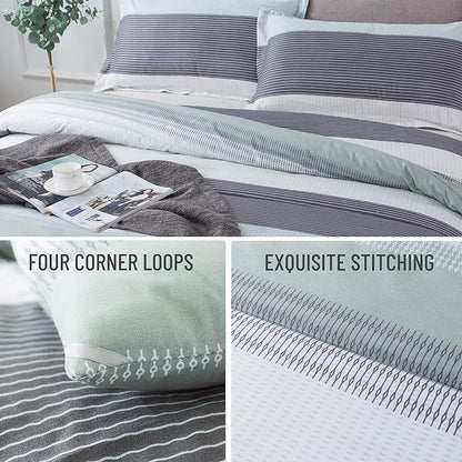Andency Stripe Comforter Set Full Size (79x90 Inch), 3 Pieces Mint Green Patchwork Striped Comforter, Soft Microfiber Down Alternative Comforter Bedding Set with Corner Loops