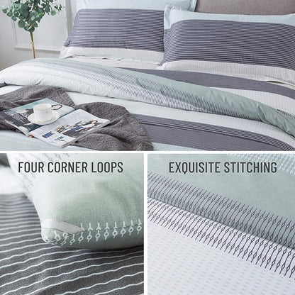 Andency Stripe Comforter Set King Size (104x90 Inch), 3 Pieces Mint Green Patchwork Striped Comforter, Soft Microfiber Down Alternative Comforter Bedding Set with Corner Loops