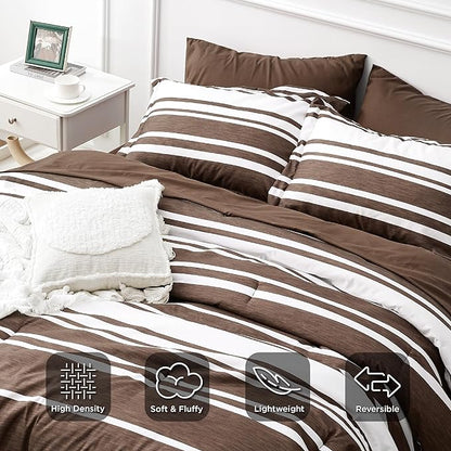 Bedsure Bed in a Bag Queen Size 7-Piece Brown White Striped Bedding Comforter Sets All Season Bed Set, 2 Pillow Shams, Flat Sheet, Fitted Sheet and 2 Pillowcases