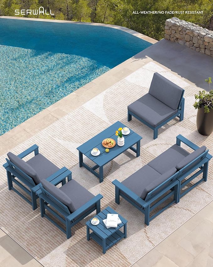 SERWALL HDPE Patio Coversation Set, 7-piece Outdoor Sectional Sofa Set, All Weather Patio Couch Set Patio Furniture for Balcony, Deck, Navy Frame with Grey Cushion