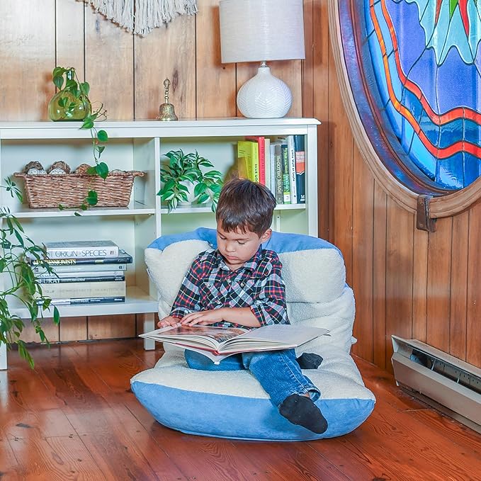 Big Joe Roma Kid's Bean Bag Chair, Oat Sherpa and Dusty Blue, Vegan Suede, 2 feet