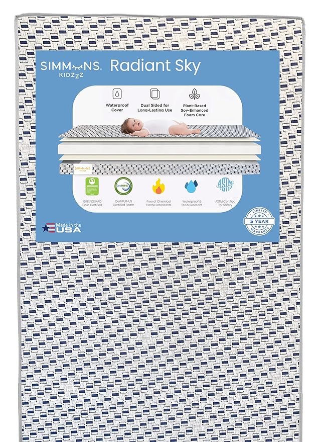 Delta Children Perry 6-in-1 Convertible Crib - Greenguard Gold Certified, Bianca White + Simmons Kids Radiant Sky Dual Sided Baby Crib Mattress and Toddler Mattress (Bundle)