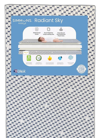 Delta Children Perry 6-in-1 Convertible Crib - Greenguard Gold Certified, Moonstruck Grey + Simmons Kids Radiant Sky Dual Sided Baby Crib Mattress and Toddler Mattress (Bundle)