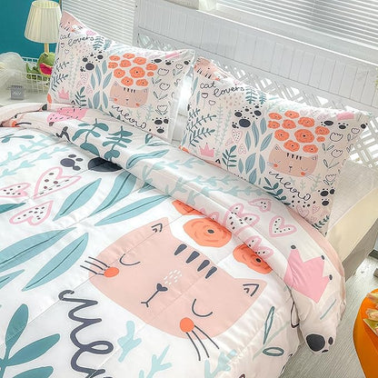 CVHOUSE Cat Bedding,Cartoon Cat Comforter King,Animals Print Comforter Set for Kids,Kawaii Quilt Set with 1 Comforter and 2 Pillow Cases