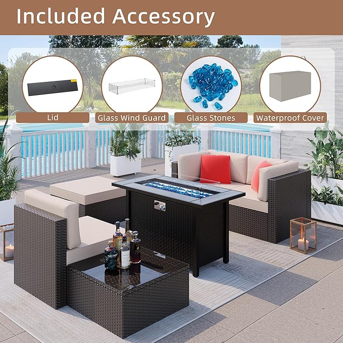 Shintenchi 5 Pieces Patio Furniture Sets w/45 inch Fire Pit Table, Outdoor Conversation Set w/50,000 BTU Steel Gas Fire Pit, Patio Sectional Sofa Set w/Glass Table &Ottoman
