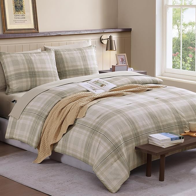Beige Queen Bed Set, Khaki Green Plaid Comforters Queen Size for Boys & Girls,Classic Homestead-style Queen Size Comforter Sets with Sheets and Comforter Set