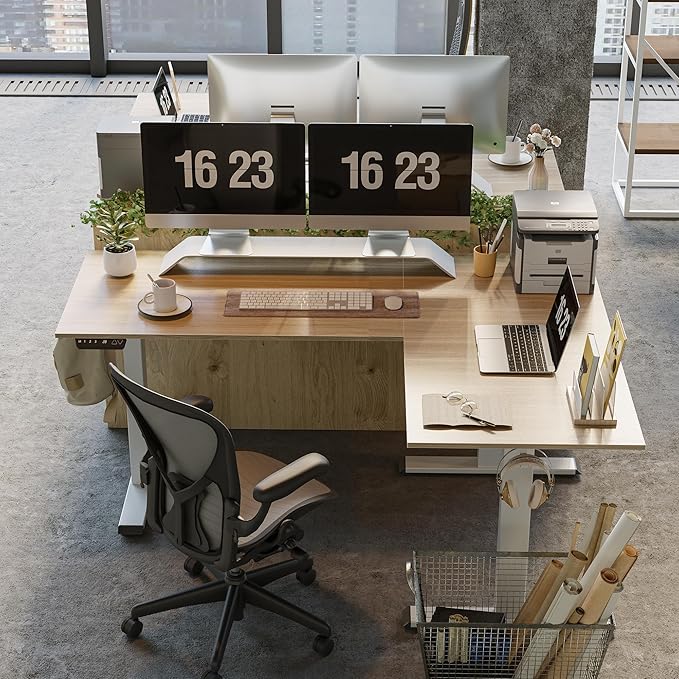 FEZIBO Triple Motor L-Shaped Electric Standing Desk, Height Adjustable Stand up Corner Desk, 63 Inches Sit Stand Workstation with Splice Board, White Frame/Light Walnut Top