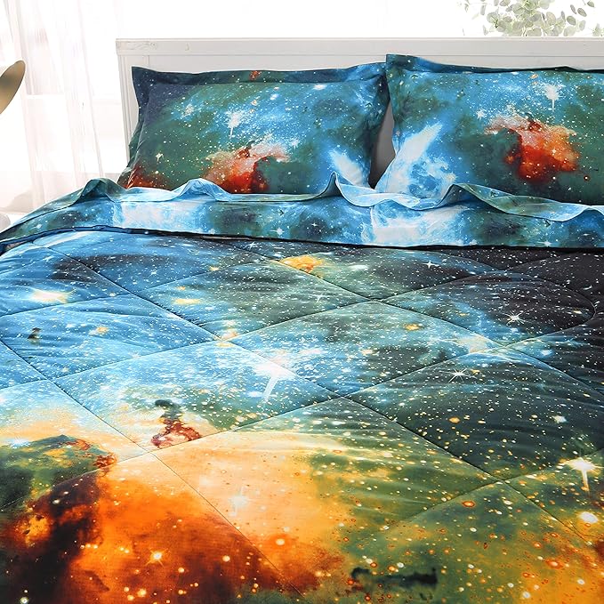 Wowelife Full Bedding Sets for Girls and Boys 5-Piece, Premium Galaxy Bed in a Bag, 3D Galaxy Comforter Set, Comfortable and Soft Kids Bedding Set(Full, Coloful Galaxy)