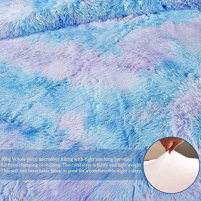 WINLIFE Shaggy Bedding Comforter Set Faux Fur Flannel Furry Comforter Microfiber Plush Comforter Sets Pastel Gradient Ombre Tie Dye MultiColor Bedding for Girls Adults (3Pcs, Twin, Purple Blue)