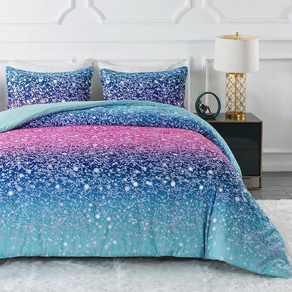 Litanika Galaxy Comforter Queen(90x90lnch), 3 Pieces(1 Blue Glitter Ombre Comforter, 2 Pillowcases), 3D Colorful Rainbow Bedding Set, Microfiber Comforter Set for Kid Boy Girl Teen