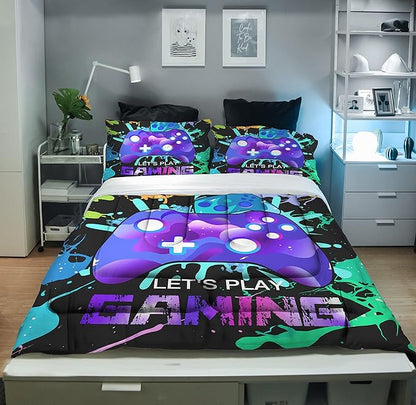 Sunnycitron Gaming Bedding Set Twin Comforter set Gamer Comforter sets for Boys Gaming Comforter set Kids Bed Comforter Set Down Alternative Comforter Game Room Decor,1 Comforter 2Pillowcase