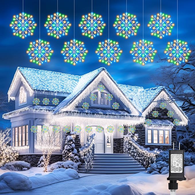 Christmas Snowflake Icicle Lights Outdoor - Plug-in 23.6ft 10 Drops 480LED Snowflake Window Lights, Connectable for Indoor Outdoor Porch Eaves Rooftops Canopy Christmas Decoration, Multicolor