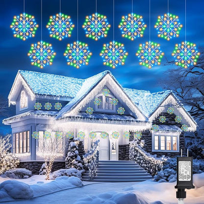 Christmas Snowflake Icicle Lights Outdoor - Plug-in 23.6ft 10 Drops 480LED Snowflake Window Lights, Connectable for Indoor Outdoor Porch Eaves Rooftops Canopy Christmas Decoration, Multicolor