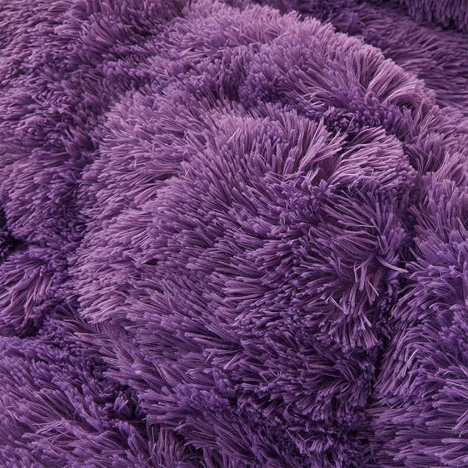 FOPPA Dark Purple Faux Fur Comforter Cover Set Ultra Soft Plush Bedding Sets 3 Pieces (1 Faux Fur Duvet Cover + 2 Faux Fur Pillow case) Zipper Closure (Queen, Dark Purple)