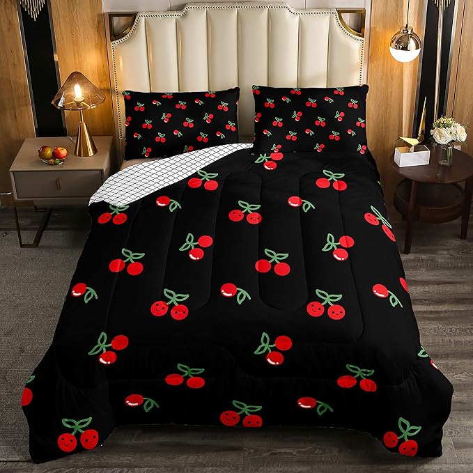 Erosebridal Red Cherry Comforter Set for Kids, Fruit Kawaii Bedding Set Twin, Cute Cherry Cartoon Down Comforter for Boys Girls Women Bedroom Decor, Reversible Luxury Soft Quilted Comforter, Black