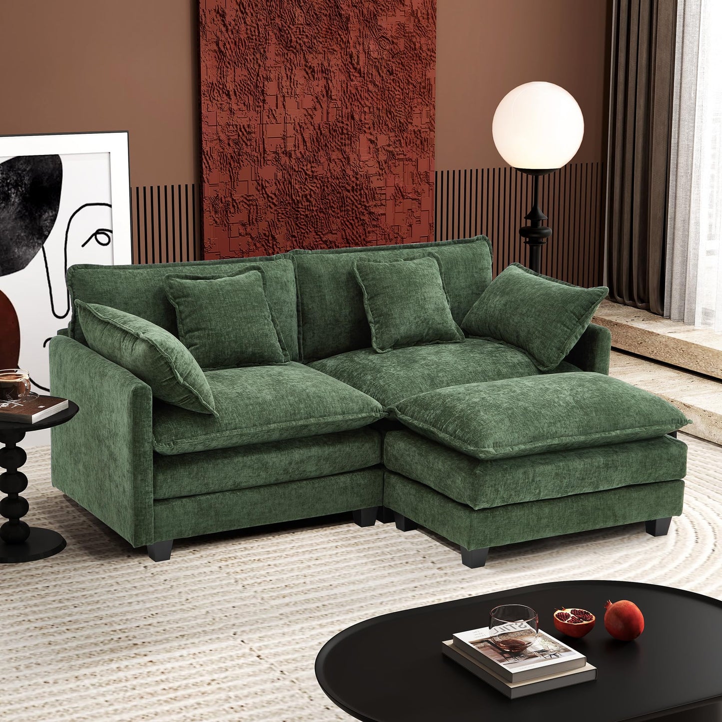 Ihanherry 111.4" L Shaped Modern Sofa Modular Sectional Cloud Couch with Ottoman, 4-Seat Chenille Deep Seat Sofa with Pillow for Living Room, Bedroom and Apartment, Beige