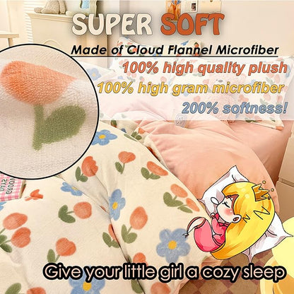 MorroMorn Twin Bedding Sets, Pink Tulips Floral Duvet Cover Set, Plush Fluffy Comforter Covers Lightweight Blanket Ultra Soft Cute for Girls Kids Toddler Teen Preppy Twin/Twin XL Size