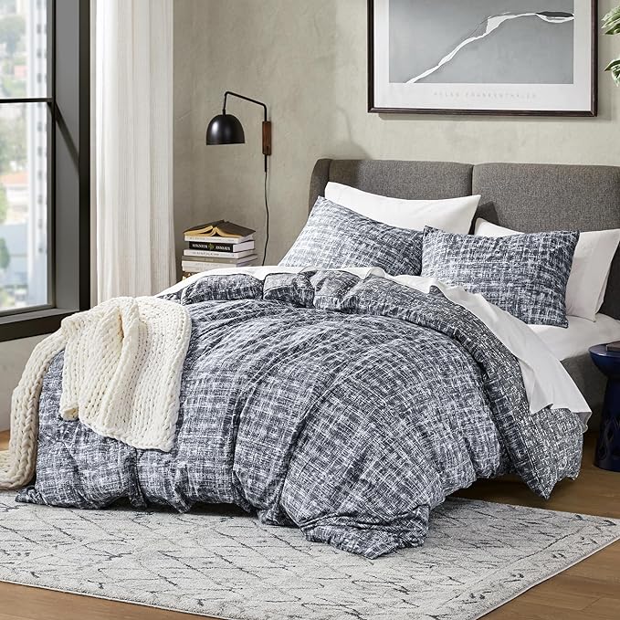 Hyde Lane Mens Full/Queen Comforter Set, Grey Modern Farmhouse Aesthetic Soft masculine Bedding, Plaid Lines Pattern Bed Sets for All Season, 3 Pieces includes 1 Comforter, 2 Shams (90"x 90")