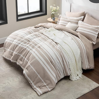 Bedsure Bed in a Bag Twin Size 5 Pieces, Light Camel White Striped Bedding Comforter Sets All Season Bed Set with 1 Pillow Sham, Flat Sheet, Fitted Sheet and 1 Pillowcase