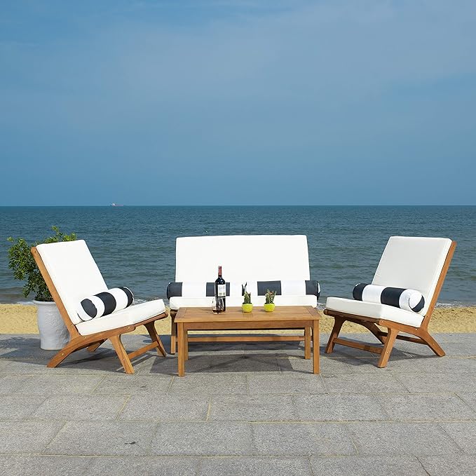 Safavieh PAT7044C Outdoor Collection Chaston Natural and Beige 4-Piece Black & White Pillows Patio Set