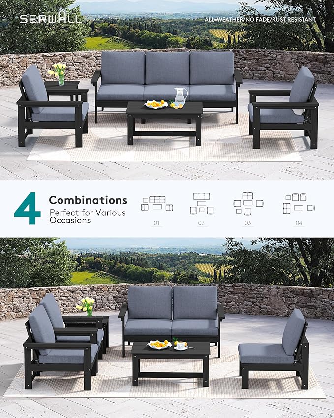 SERWALL HDPE Patio Coversation Set, 7-piece Outdoor Sectional Sofa Set, All Weather Patio Couch Set Patio Furniture for Balcony, Deck, Black Frame with Grey Cushion
