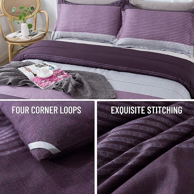 Andency Stripe Comforter Set King Size (104x90 Inch), 3 Pieces Purple and Gray Patchwork Striped Comforter, Soft Microfiber Down Alternative Comforter Bedding Set with Corner Loops