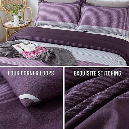 Andency Stripe Comforter Set King Size (104x90 Inch), 3 Pieces Purple and Gray Patchwork Striped Comforter, Soft Microfiber Down Alternative Comforter Bedding Set with Corner Loops