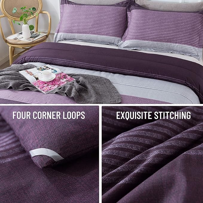 Andency Stripe Comforter Set Full Size (79x90 Inch), 3 Pieces Purple and Gray Patchwork Striped Comforter, Soft Microfiber Down Alternative Comforter Bedding Set with Corner Loops