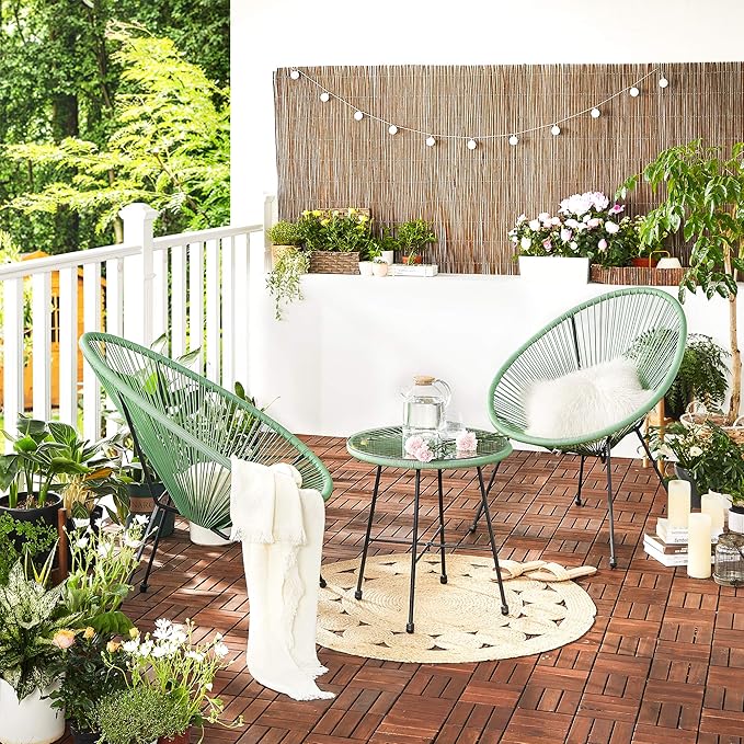 SONGMICS 3-Piece Outdoor Seating Acapulco Chair, Modern Patio Furniture Set, Glass Top Table and 2 Chairs, Indoor and Outdoor Conversation Bistro Set, Light Green UGGF011C01