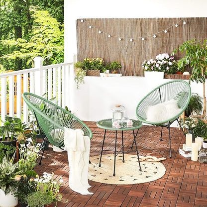 SONGMICS 3-Piece Outdoor Seating Acapulco Chair, Modern Patio Furniture Set, Glass Top Table and 2 Chairs, Indoor and Outdoor Conversation Bistro Set, Light Green UGGF011C01