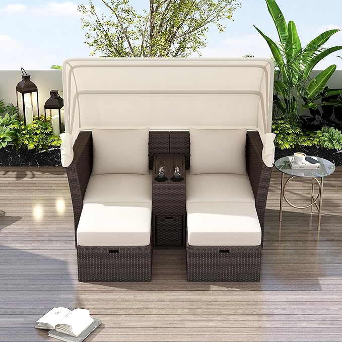 2-Seater Outdoor Patio Convertible Sunbed, All Weather Rattan Double Daybed Couch Foldable Awning, Cushions and Storage Boxes, Loveseat Sofa Set for Garden, Poolside, Balcony, Ab-Beige