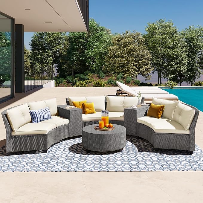 9 Pieces Outdoor Furniture Half Moon Wicker Patio Sets with Coffee Table, All-Weather Fan-Shaped Curved Sectional Sofa Couch with Beige Cushions, Onesize, Gray Rattan