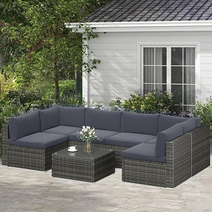 SUNVIVI OUTDOOR 7 Piece Patio Furniture Sets All Weather Gery PE Wicker Couch Sofa with Glass Table, Removable Dark Grey Cushions