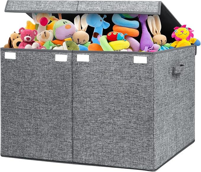 popoly 122L Large Toy Box Chest with Lid, Foldable Toy Storage Organizer Bin Boxes with Removable Divider for Kids, Boys, Girls, Nursery, Playroom, 26"x17" x17"(Linen Gray)