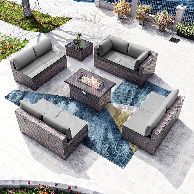 Kullavik 10 Pieces Outdoor Patio Furniture Set with 43" Gas Propane Fire Pit Table PE Wicker Rattan Sectional Sofa Patio Conversation Sets,Grey
