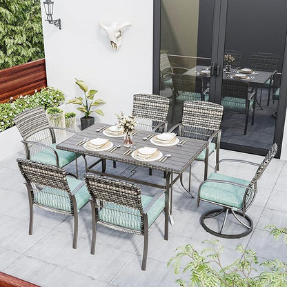 Pamapic 7 Piece Patio Dining Set for 6,Wicker Outdoor Furniture Set for Backyard Garden Deck Poolside with Iron Slats Table Top,4 Dining Chairs and 2 Swivel Rockers,Removable Cushions(Green)