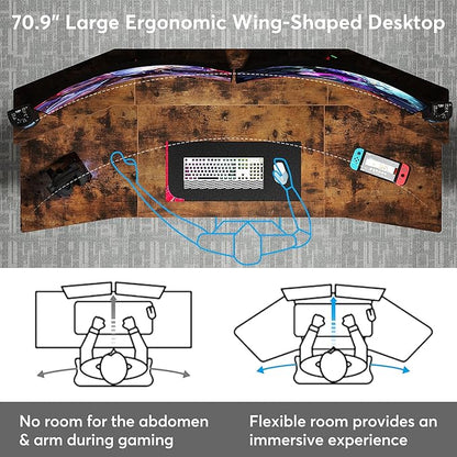 70.9" Large Computer Desk Home Office Desk Wing-Shaped Gaming Studio Desk, Rustic Brown
