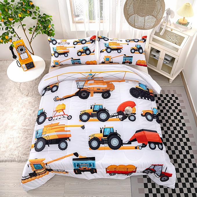 CVHOUSE Tractor Bedding Sets for Boys,Excavators Comforter King,Boys Cartoon Truck Comforter Set,Trucks Tractors Cars Quilt Set with 1 Comforter and 2 Pillow Cases- 3 Piece