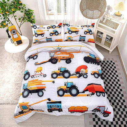 CVHOUSE Tractor Bedding Sets for Boys,Excavators Comforter King,Boys Cartoon Truck Comforter Set,Trucks Tractors Cars Quilt Set with 1 Comforter and 2 Pillow Cases- 3 Piece