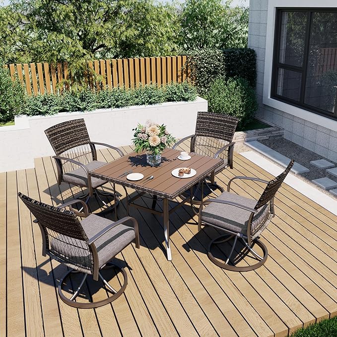 Pamapic 5 Piece Outdoor Dining Set, Rattan Outdoor Patio Furniture Set for Deck Backyard with Plastic-Wood Outdoor Dining Table, 4 Swivel Outdoor Dining Chairs and Removable Cushions (Gray)