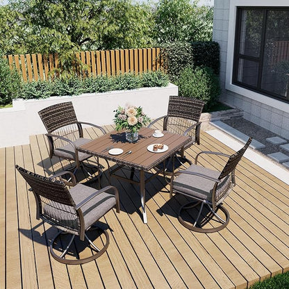 Pamapic 5 Piece Outdoor Dining Set, Rattan Outdoor Patio Furniture Set for Deck Backyard with Plastic-Wood Outdoor Dining Table, 4 Swivel Outdoor Dining Chairs and Removable Cushions (Gray)