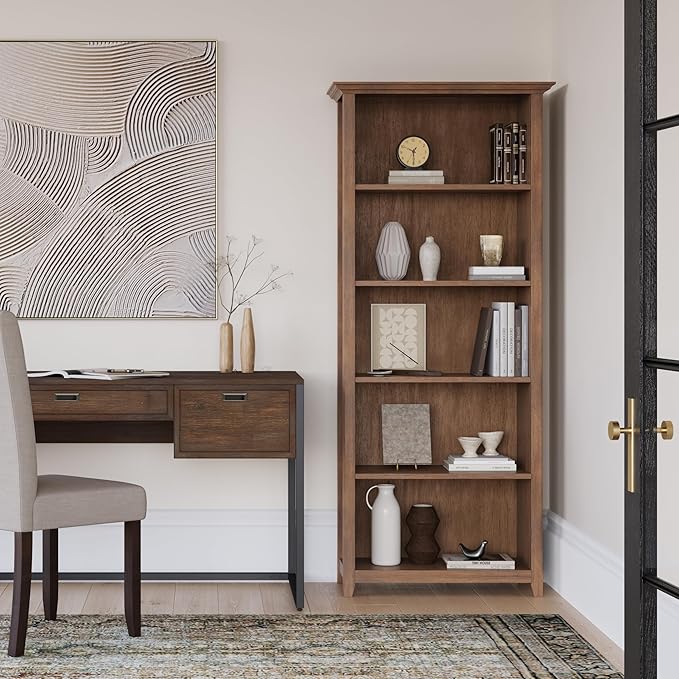 SIMPLIHOME Amherst SOLID WOOD 30 Inch Wide Transitional 5 Shelf Bookcase in Rustic Natural Aged Brown, for The Living Room, Study Room and Office