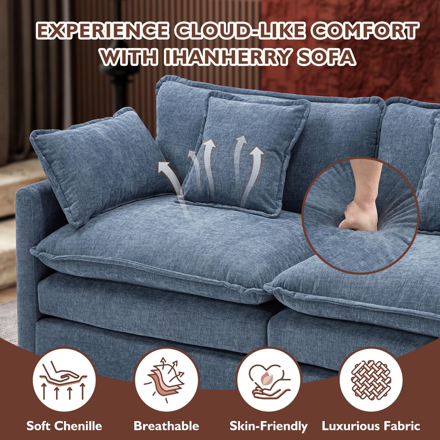 Ihanherry 111.4" L Shaped Modern Sofa Modular Sectional Cloud Couch with Ottoman, 4-Seat Chenille Deep Seat Sofa with Pillow for Living Room, Bedroom and Apartment, Beige