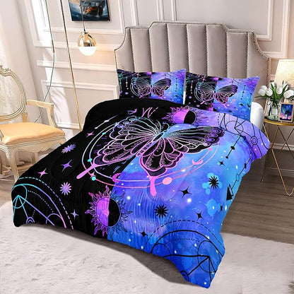 Butterfly Comforter - Butterfly Bed Set - Boho Butterfly Sun and Moon Printed Bedding Sets, Queen Size Comforter Set for Girls, Black Blue Butterfly Comforter Set Queen with 2 Pillowcases
