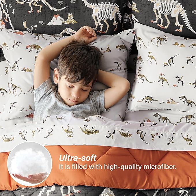 Dinosaur Twin Comforter for Boys,5 Pieces Kids Bedroom Bedding Set with Sheets and Pillowcase,Super Soft Lightweight for All Seasons,Grey,Machine Washable