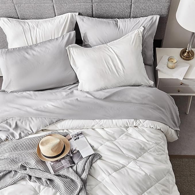 Bedsure Ivory King Size Comforter Set - 7 Pieces Reversible King Bed in a Bag, King Bed Set Ivory and Grey with Comforters, Sheets, Pillowcases & Shams