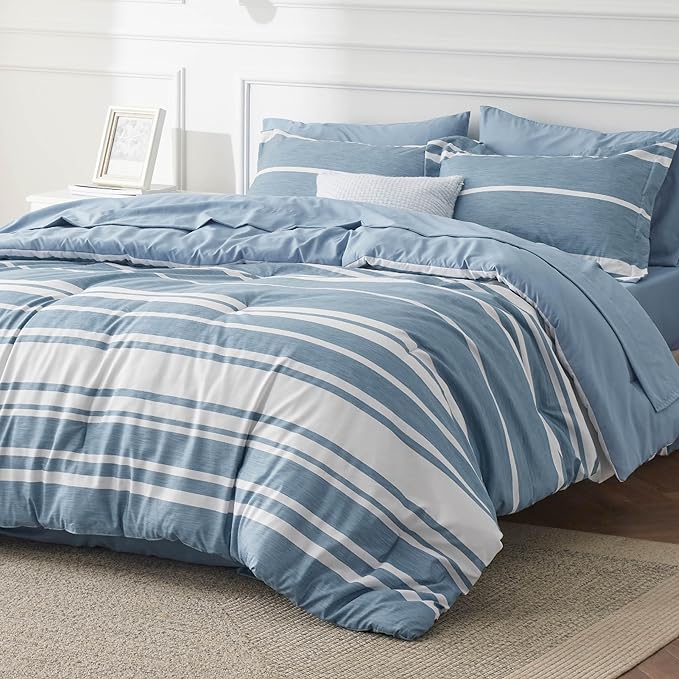 Bedsure Full Size Bed Sets 7 Pieces - Blue Striped Beddubg All Season Comforter Set, Bed in a Bag with 1 Comforter, 2 Sheets, 2 Pillowcases & 2 Shams