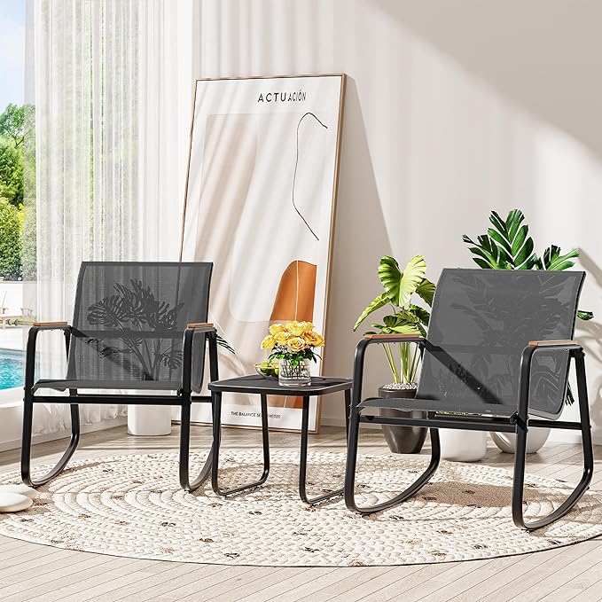 YITAHOME 3 Piece Rocking Bistro Set, Outdoor Patio Furniture Set with Wooden Armrests, Porch Chairs Set with Glass Table for Lawn, Garden, Balcony, Poolside, Dark Gray
